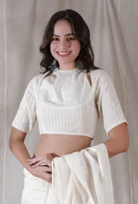 Off white shimmer stripe shoulder cut cotton blouse image 1