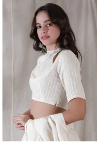 Off white shimmer stripe shoulder cut cotton blouse image 2