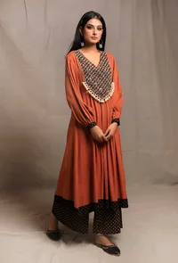 Orange Rust Front Patched Embellished Kurta Dress image 3