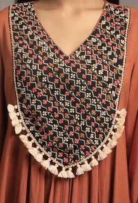 Orange Rust Front Patched Embellished Kurta Dress image 5