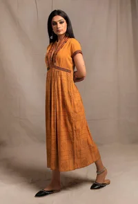 Mustard Yellow V Neck Printed Embroidered Kurta Dress image 1