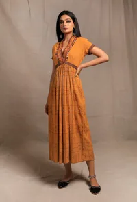 Mustard Yellow V Neck Printed Embroidered Kurta Dress image 2