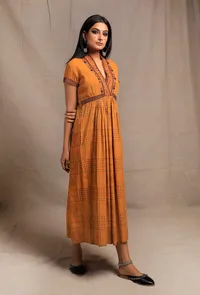 Mustard Yellow V Neck Printed Embroidered Kurta Dress image 3