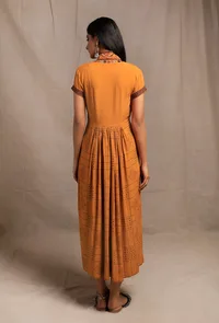 Mustard Yellow V Neck Printed Embroidered Kurta Dress image 4