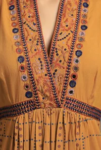 Mustard Yellow V Neck Printed Embroidered Kurta Dress image 5