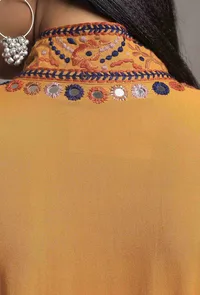 Mustard Yellow V Neck Printed Embroidered Kurta Dress image 6