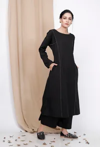 A-line Embroidered Black Cotton Kurta image 1