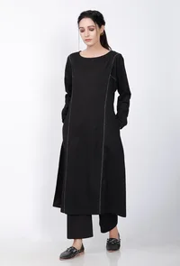 A-line Embroidered Black Cotton Kurta image 2