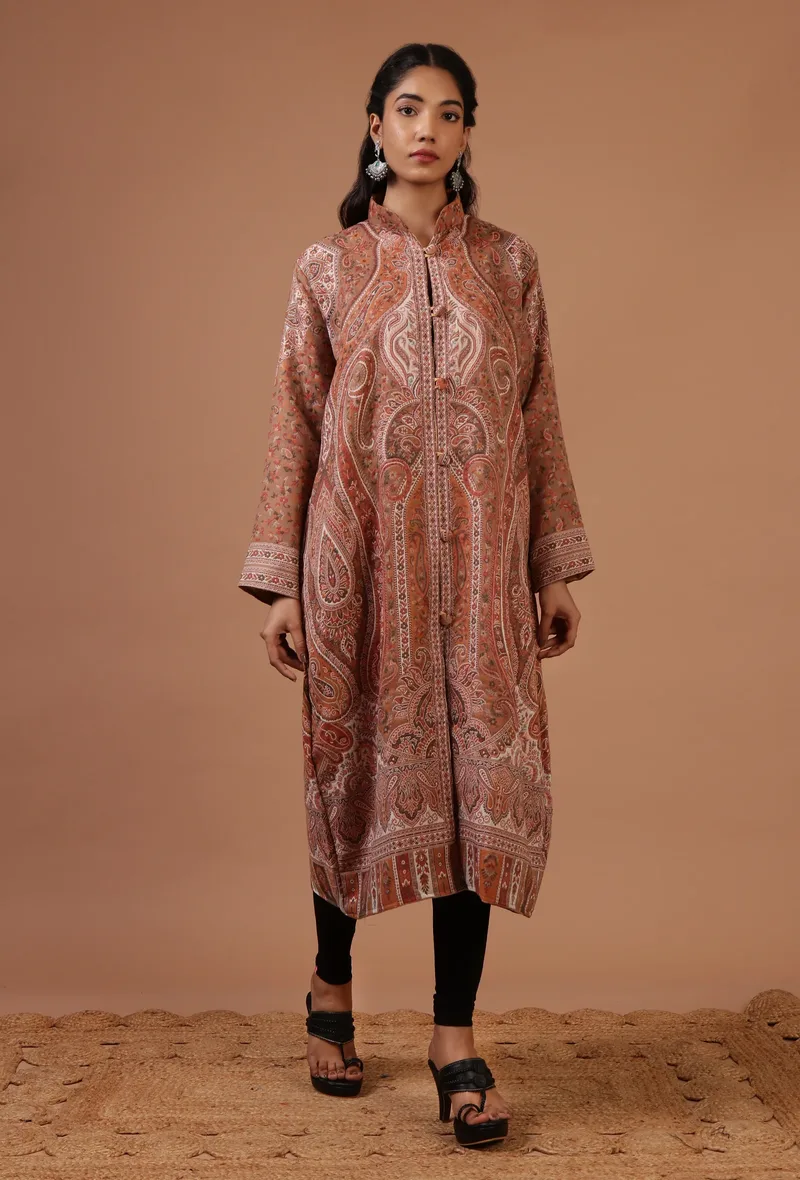 Rust Beige & Multicolor Kani Embroidered Long Jacket