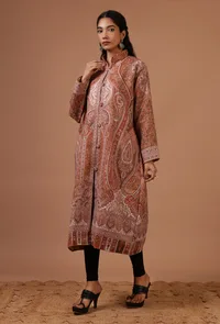 Rust Beige & Multicolor Kani Embroidered Long Jacket image 3
