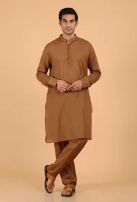 Tan Brown Cotton Mulmul Mid-Length Kurta & Pant image 1