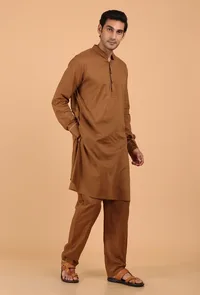 Tan Brown Cotton Mulmul Mid-Length Kurta & Pant image 2
