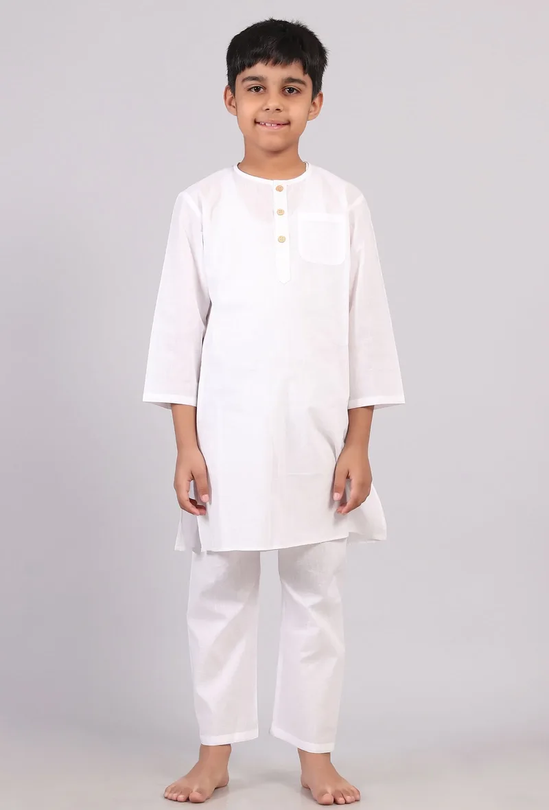 Set Of 2: White Cotton Stripes Kurta Pyjama Set