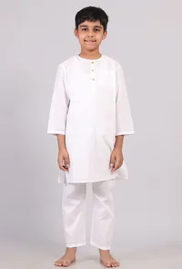 Set Of 2: White Cotton Stripes Kurta Pyjama Set image 1