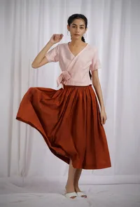 Set of 2: Orange Cotton Short Wrap Around Top With Rust Orange Cotton Slub Flared Skirt image 1