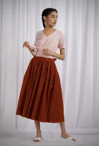 Set of 2: Orange Cotton Short Wrap Around Top With Rust Orange Cotton Slub Flared Skirt image 3