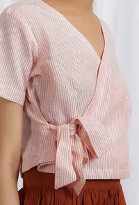 Set of 2: Orange Cotton Short Wrap Around Top With Rust Orange Cotton Slub Flared Skirt image 5