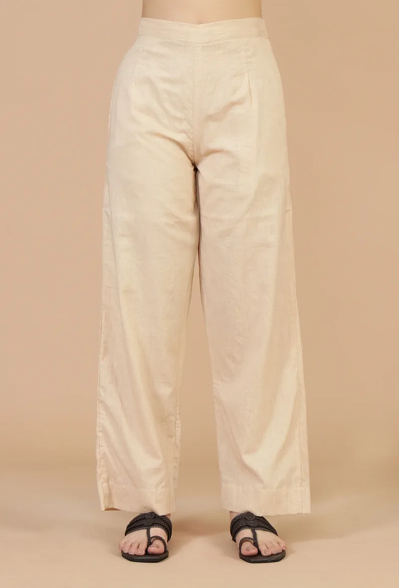 Beige Straight Fit Pure Cotton Pants