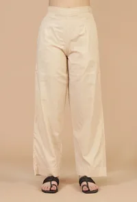 Beige Straight Fit Pure Cotton Pants image 1