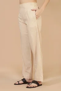 Beige Straight Fit Pure Cotton Pants image 2