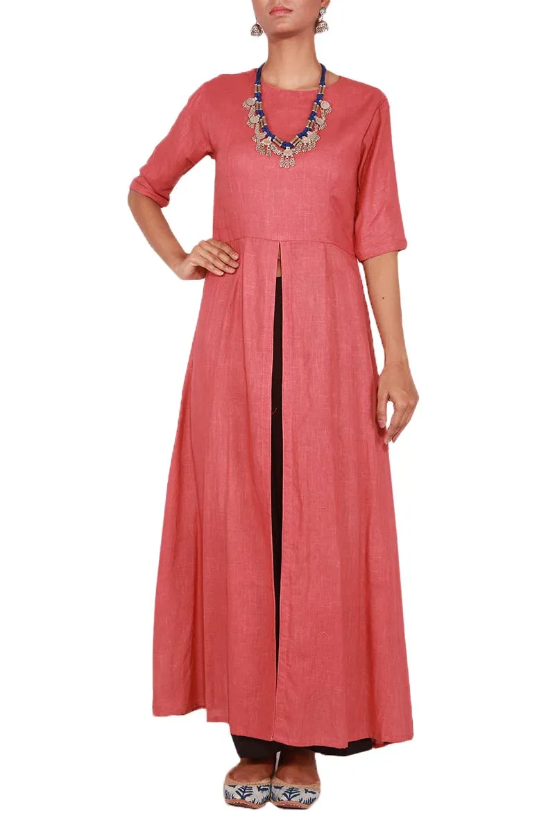 Coral Pink Cotton Linen Kurta with Front Slit