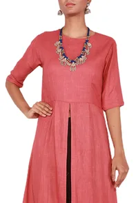 Coral Pink Cotton Linen Kurta with Front Slit image 2