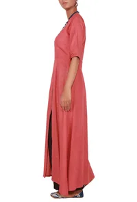 Coral Pink Cotton Linen Kurta with Front Slit image 3