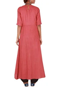 Coral Pink Cotton Linen Kurta with Front Slit image 4