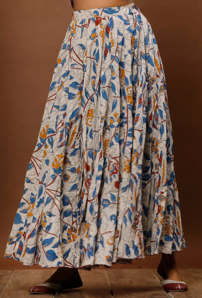 White Kalamkari Cotton Flared Skirt