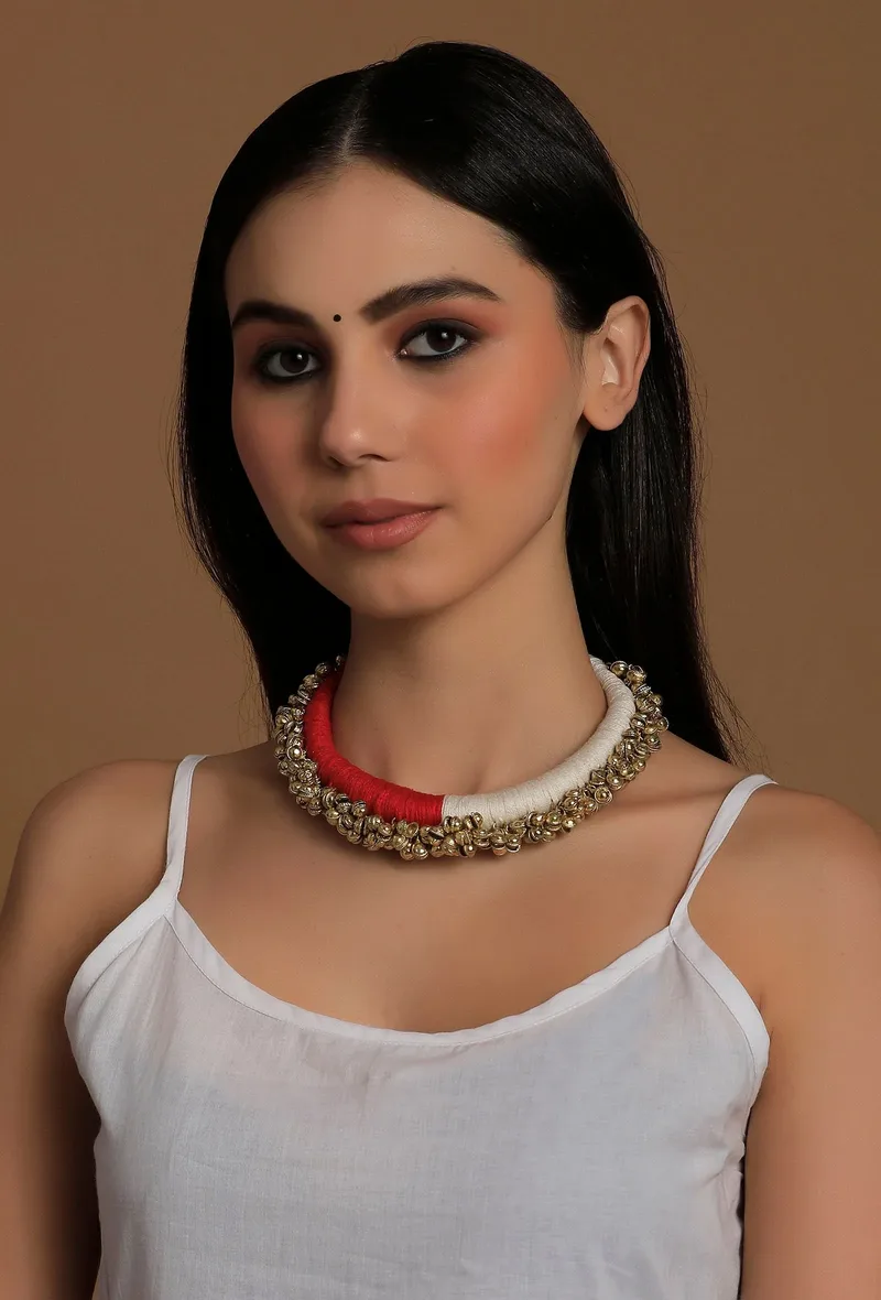 Swatsa Duo Red and Pink Tribal Gold Ghungroo  Necklace
