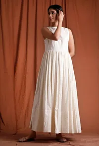 Off White Cotton Silver Gathered Kurta image 1