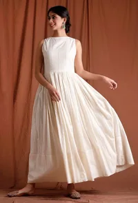 Off White Cotton Silver Gathered Kurta image 2