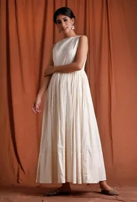 Off White Cotton Silver Gathered Kurta image 3