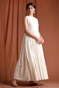 Off White Cotton Silver Gathered Kurta image 4