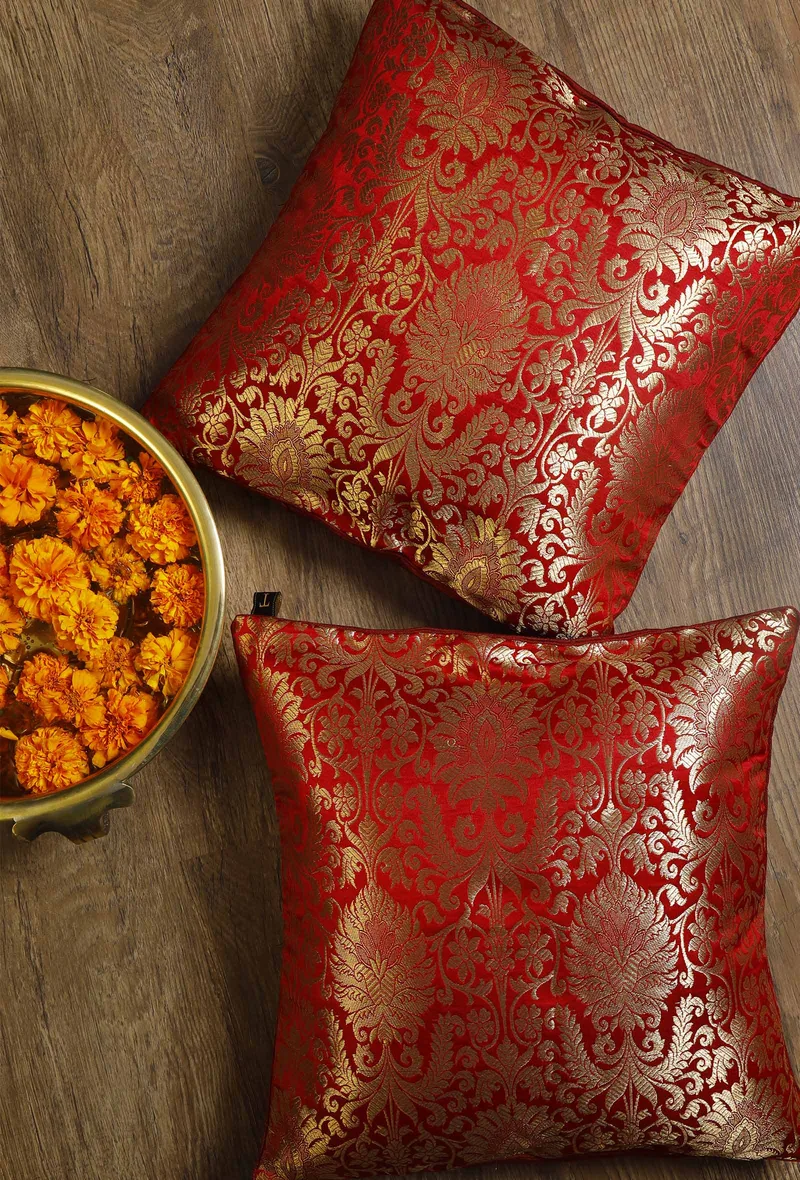 Set Of 2:Deep Red Brocade Cushion Covers