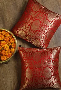 Set Of 2:Deep Red Brocade Cushion Covers image 1