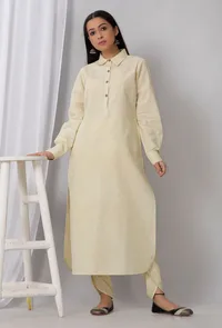Lemon Yellow Cotton Khadi Kurta image 1