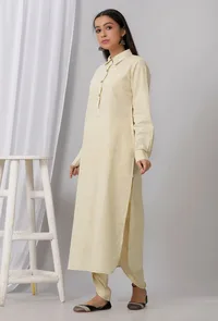 Lemon Yellow Cotton Khadi Kurta image 3