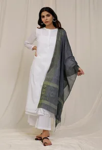 Charcoal Grey Handloom Cotton Jamdani stole image 1