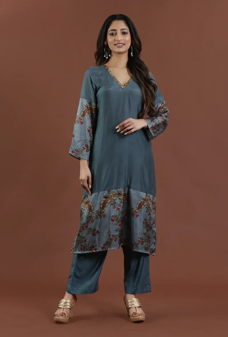 Teal Blue Kalamkari Printed Muslin Silk Kurta