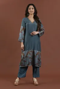 Teal Blue Kalamkari Printed Muslin Silk Kurta image 1