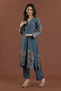 Teal Blue Kalamkari Printed Muslin Silk Kurta image 2