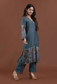 Teal Blue Kalamkari Printed Muslin Silk Kurta image 3