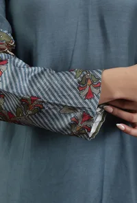 Teal Blue Kalamkari Printed Muslin Silk Kurta image 5