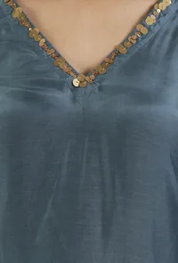 Teal Blue Kalamkari Printed Muslin Silk Kurta image 6