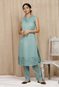 Set of 2 : Green Embroidered Organdy Kurta and Palazzos image 1