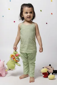 Set of 2: Aileana Green Cotton Handblock Printed Polka Dots Slip and Polka Dot Handblock Cotton Elastic Pants image 1