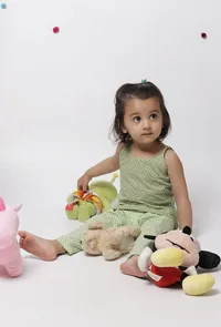 Set of 2: Aileana Green Cotton Handblock Printed Polka Dots Slip and Polka Dot Handblock Cotton Elastic Pants image 2