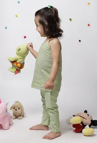 Set of 2: Aileana Green Cotton Handblock Printed Polka Dots Slip and Polka Dot Handblock Cotton Elastic Pants image 3