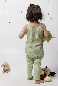 Set of 2: Aileana Green Cotton Handblock Printed Polka Dots Slip and Polka Dot Handblock Cotton Elastic Pants image 4